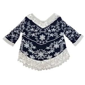 Solitaire Womens Navy Crochet Peasant Top Size L Hippie Artist Casual Boho